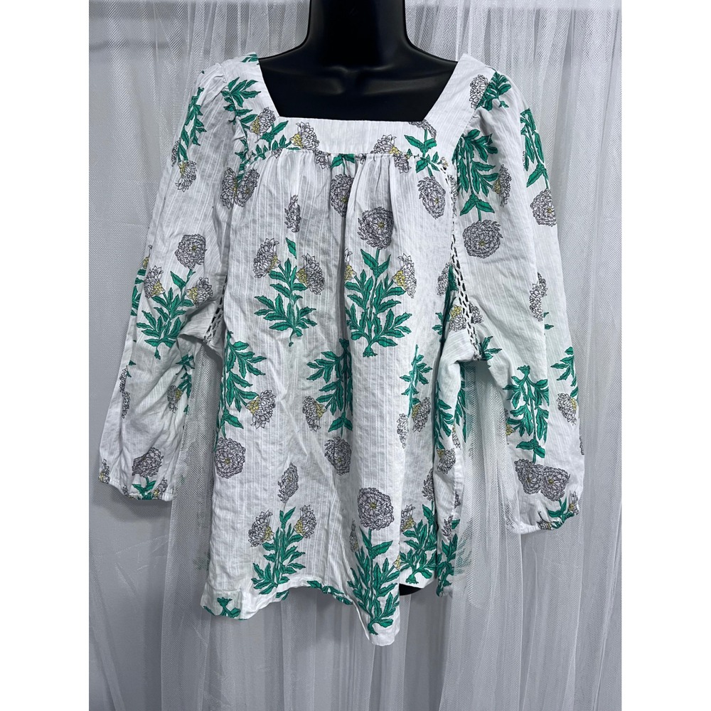 Lane Bryant Floral Square Neck Boho Blouse with Ladder Lace Green White 22/24
